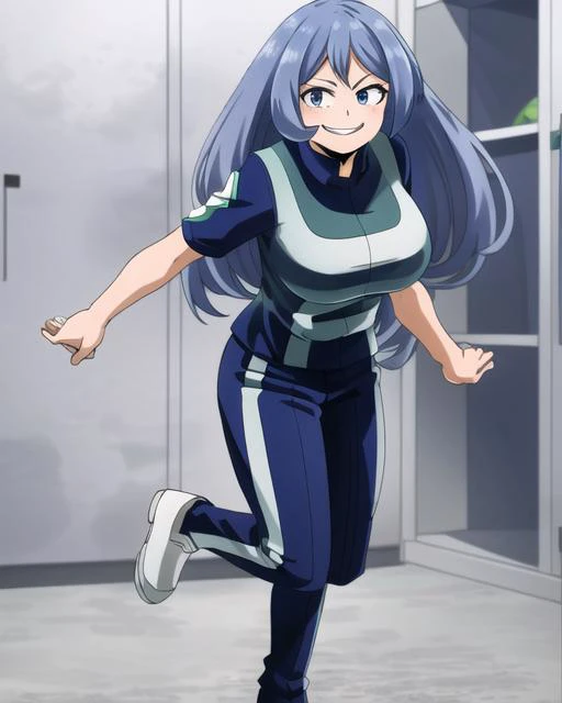 ((best quality)), ((highly detailed)), masterpiece, (detailed eyes, deep eyes), (1girl), full body, <lora:nejireHadoMHA_v10:.9>, nejire hado, blue eyes, ((periwinkle hair)), long hair, large breasts, smile, <lora:my_hero_academia_gym_uniform:.6>, my_hero_academia_gym_uniform, blue uniform, pants, inside, in a locker room