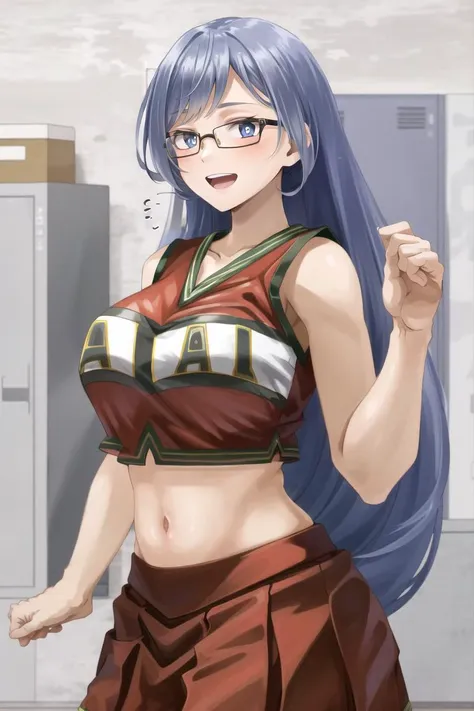 ((best quality)), ((highly detailed)), masterpiece, (detailed eyes, deep eyes), (1girl), (glasses), cowboy shot, <lora:nejireHadoMHA_v10:.7>, nejire hado, blue eyes, ((periwinkle hair)), long hair, large breasts, :D, <lora:UACheerleader:1>, U.A. CheerUniform, orange crop top, orange skirt, pom pom \(cheerleading\), inside, in a lockeroom