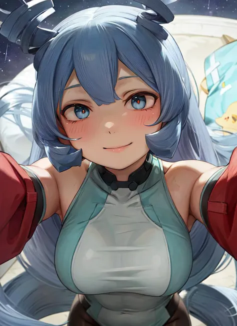 ((best quality)), ((highly detailed)), masterpiece, absurdres, (detailed eyes, deep eyes), (1girl), top view, looking at viewer, upper body, <lora:hairdetailer:.7>, <lora:nejireHadoMHA_v10:.8>, nejire hado, blue eyes, ((periwinkle hair)), long hair, large breasts, smile, bodysuit, drill hair, hair horns, yellow gloves, floating, outside, in a city, (outside, at a resort, evening, night sky, stars, moonbeam, shooting star), <lora:Abmayo_v2:.9>