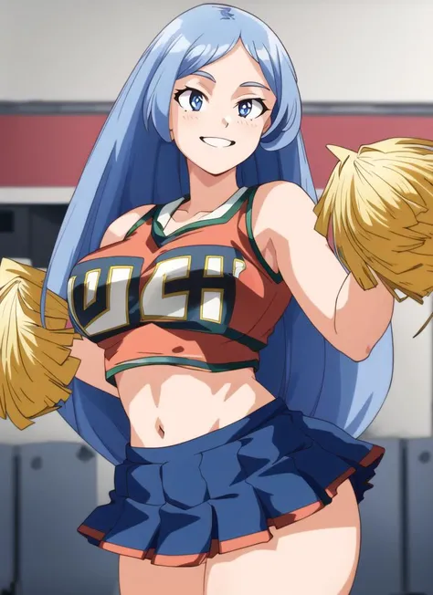 ((best quality)), ((highly detailed)), masterpiece, (detailed eyes, deep eyes), (1girl), cowboy shot,<lora:nejireHadoMHA_v10:.7>, nejire hado, blue eyes, ((periwinkle hair)), long hair, large breasts, smile, u.a. cheerleader uniform, orange shirt, orange skirt, midriff, pom pom \(cheerleading\), pink footwear, at a gymnasium, <lora:SuoiresnuStyle:.9>, (plain lighting)