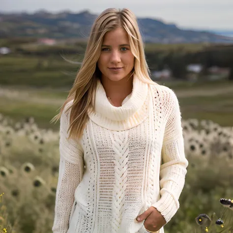 ellemacpherson an , a elegant woman, on a (white poppy field:1.2), wearing a (cowl-neck-sweater), (flowering-landscape), (realistic, photo-realistic:1.37), ultra high res, ultra-detailed, incredibly beautiful girl, 8k uhd, dslr, soft lighting, high quality, film grain, Fujifilm XT3