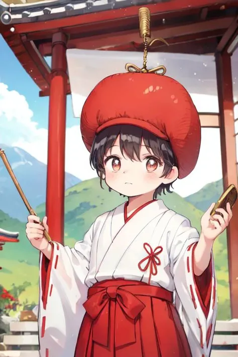 <lora:Corio_LoRA_AdamW_Dim64_Alpha32_5e-5_epoch-000070:1>, corio, 1boy, child, fur hat, short hair, shrine maiden outfit, red skirt,  miko, red hakama, miko_dress,