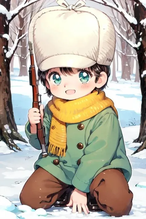 <lora:Corio_LoRA_AdamW_Dim64_Alpha32_5e-5_epoch-000070:1>, corio, 1boy, child, short hair, fur hat, yellow scarf, green coat, brown pants,
smile, rifle, kneeling, forest, snow, looking at viewer,
chibi, blush,