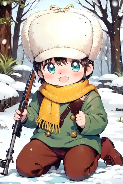 <lora:Corio_LoRA_AdamW_Dim64_Alpha32_5e-5_epoch-000070:1>, corio, 1boy, child, short hair, fur hat, yellow scarf, green coat, brown pants, 
smile, rifle, kneeling, forest, snow, looking at viewer, 
chibi, blush,