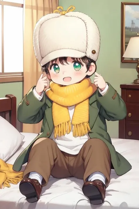 <lora:Corio_LoRA_AdamW_Dim64_Alpha32_5e-5_epoch-000070:1>, corio, 1boy, child, fur hat, yellow scarf, green coat, brown pants, shoes, happy,
hotel room, bed,