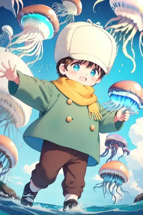 <lora:Corio_LoRA_AdamW_Dim64_Alpha32_5e-5_epoch-000070:1>, corio, 1boy, child, fur hat, yellow scarf, green coat, brown pants, shoes, happy, standing,ã
colorful,(flying jellyfish:1.5),standing in the ocean,(blue sky:1.2),(large amount of jellyfish:1.3),(Mysterious:1.3),(luminescence:1.3),