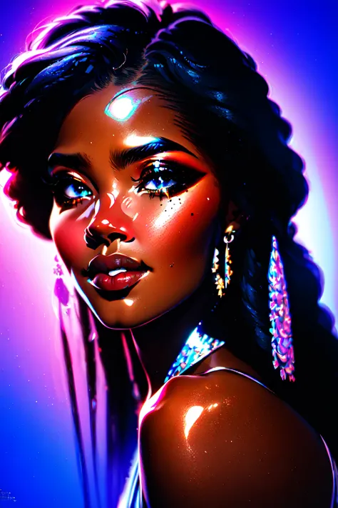<lora:Dark_Fantasy-10:1> Dark Fantasy,(masterpiece, best quality, ultra-detailed, highres, best illustration),perfect face, ((solo, solo focus)),sidelighting, lustrous skin,(bloom), (shine), ray tracing,1girl, dark skin, dark-skinned female, solo, jewelry, very dark skin, earrings, mole, blue background, smile, looking at viewer, mole under mouth, black hair, blue eyes, curly hair, afro, bare shoulders, makeup, eyeshadow, parted lips, star \(symbol\), watermark, hoop earrings,depth_of_field, city background,very detailed background,extreme light and shadow,(detailed eyes), (beautiful) beautiful detailed eyes, perfect lighting , perfect anatomy,(extremely detailed illustrated 8k wallpaper),(masterpiece), (best quality), (ultra-detailed), (best illustration),(best shadow), vivid colors,