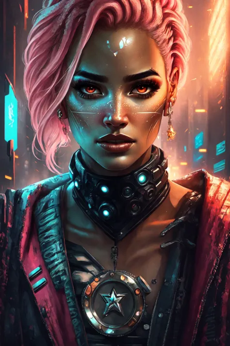 <lora:Dark_Fantasy-10:1> Dark Fantasy,(masterpiece, best quality, ultra-detailed, highres, best illustration),perfect face, ((solo, solo focus)),sidelighting, lustrous skin,(bloom), (shine), ray tracing,11girl, solo, dark skin, pink hair, dark-skinned female, jewelry, earrings, freckles, flower, pink eyes, star \(symbol\), parted lips, breasts, cleavage, artist name, pink background,depth_of_field, city background,very detailed background,extreme light and shadow,(detailed eyes), (beautiful) beautiful detailed eyes, perfect lighting , perfect anatomy,(extremely detailed illustrated 8k wallpaper),(masterpiece), (best quality), (fantasy:1.6), (cyberpunk:1.5),(ultra-detailed), (best illustration),(best shadow), vivid colors,