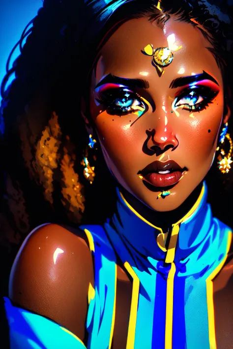 <lora:Dark_Fantasy-10:1> Dark Fantasy,(masterpiece, best quality, ultra-detailed, highres, best illustration),perfect face, ((solo, solo focus)),sidelighting, lustrous skin,(bloom), (shine), ray tracing,1girl, dark skin, dark-skinned female, solo, jewelry, very dark skin, earrings, mole, blue background, smile, looking at viewer, mole under mouth, black hair, blue eyes, curly hair, afro, bare shoulders, makeup, eyeshadow, parted lips, star \(symbol\), watermark, hoop earrings,depth_of_field, city background,very detailed background,extreme light and shadow,(detailed eyes), (beautiful) beautiful detailed eyes, perfect lighting , perfect anatomy,(extremely detailed illustrated 8k wallpaper),(masterpiece), (best quality), (ultra-detailed), (best illustration),(best shadow), vivid colors,