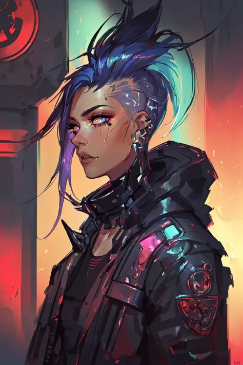 <lora:Dark_Fantasy-10:1> Dark Fantasy,(masterpiece, best quality, ultra-detailed, highres, best illustration),perfect face, ((solo, solo focus)),sidelighting, lustrous skin,(bloom), (shine), ray tracing,11girl, solo, undercut, blue background, short hair, earrings, dark skin, jewelry, collar, piercing, tattoo, from side, asymmetrical hair, ear piercing, dark-skinned female, spikes, purple hair, portrait, profile, mohawk, studded collar,depth_of_field, city background,very detailed background,extreme light and shadow,(detailed eyes), (beautiful) beautiful detailed eyes, perfect lighting , perfect anatomy,(extremely detailed illustrated 8k wallpaper),(masterpiece), (best quality), (cyberpunk:1.5),(ultra-detailed), (best illustration),(best shadow), vivid colors,