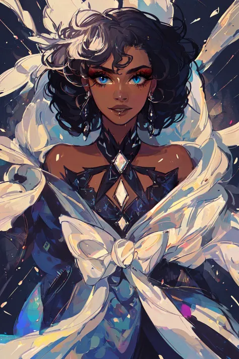 <lora:Dark_Fantasy-10:1> Dark Fantasy,(masterpiece, best quality, ultra-detailed, highres, best illustration),perfect face, ((solo, solo focus)),sidelighting, lustrous skin,(bloom), (shine), ray tracing,1girl, dark skin, dark-skinned female, solo, jewelry, very dark skin, earrings, mole, blue background, smile, looking at viewer, mole under mouth, black hair, blue eyes, curly hair, afro, bare shoulders, makeup, eyeshadow, parted lips, star \(symbol\), watermark, hoop earrings,depth_of_field, city background,very detailed background,extreme light and shadow,(detailed eyes), (beautiful) beautiful detailed eyes, perfect lighting , perfect anatomy,(extremely detailed illustrated 8k wallpaper),(masterpiece), (best quality), (ultra-detailed), (best illustration),(best shadow), vivid colors,