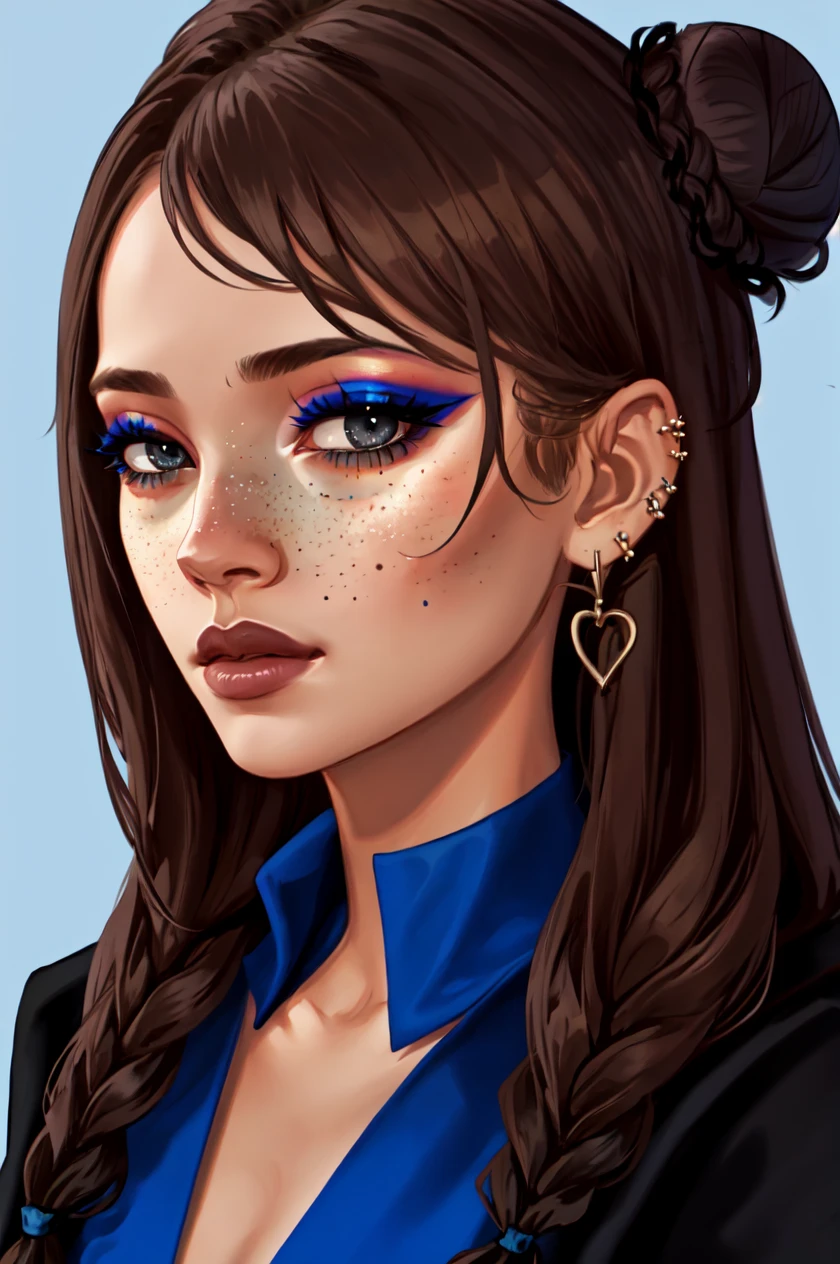 <lora:Dark_Fantasy:0.7> Dark_Fantasy_Style, 1girl, solo, long hair, looking at viewer, simple background, brown hair, black hair, jewelry, braid, heart, earrings, dark skin, hair bun, twin braids, dark-skinned female, grey eyes, double bun, makeup, blue background, piercing, portrait, freckles