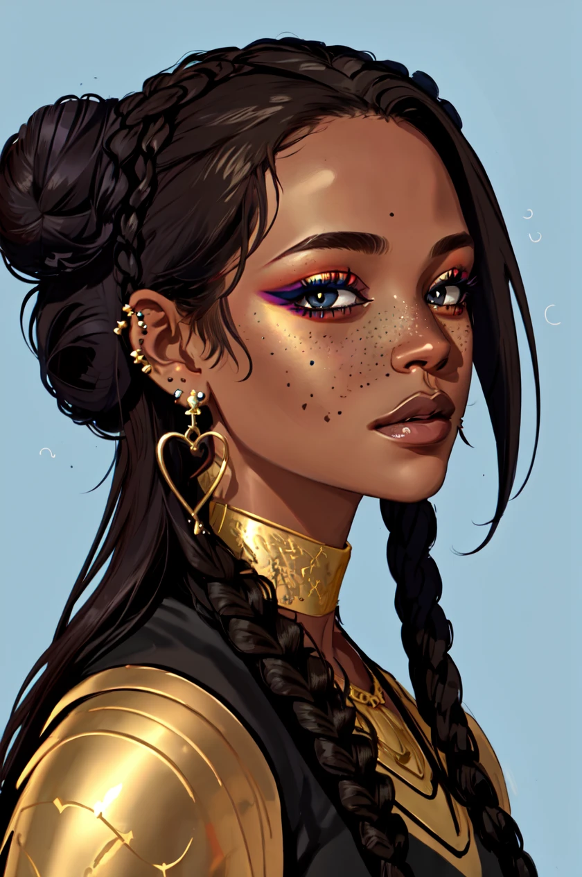 <lora:Dark_Fantasy:0.7> Dark_Fantasy_Style, 1girl, solo, long hair, looking at viewer, simple background, brown hair, black hair, jewelry, braid, heart, earrings, dark skin, hair bun, twin braids, dark-skinned female, grey eyes, double bun, makeup, blue background, piercing, portrait, freckles
