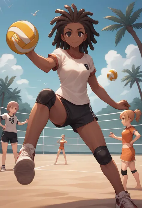 score_9, score_8_up, score_7_up, anime style,2020s\(style\),masterpiece,best quality, zPDXL2,source_anime, kawaii, vivid, colors, (medium full shot) of 1girl, (chic volleyball player) young woman, south african, dark skin, black eyes, full-figured build, long hazel dreadlocks hair, wearing a orange neatly fitted t-shirt, athletic shorts, low-top sneakers, holding a volleyball, knee pads, set in  coastal volleyball court, palm trees swaying nearby, bright and sunny weather, footprints in the sand, seagulls flying above, at night, woman smiling at the viewer,