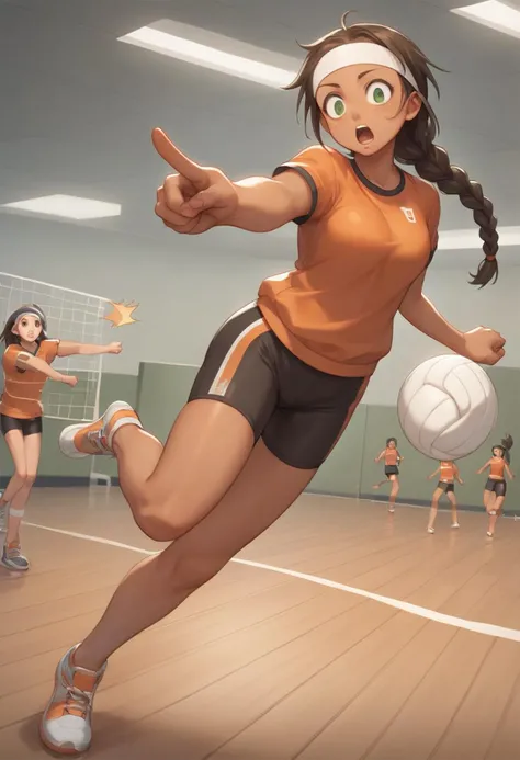 score_9, score_8_up, score_7_up, anime style,2020s\(style\),masterpiece,best quality, zPDXL2,source_anime, kawaii, vivid, colors, (medium full shot) of 1girl, (fashionable volleyball player) young woman, native american, mocha skin, olive green eyes, voluptuous build, long dark single braid hair, wearing a orange jersey, compression shorts, running shoes, headband, set in gymnasium, wooden floor with volleyball court lines, high ceilings with bright lighting, bleachers on the side, net set up in the middle, at night, woman surprised, open mouth, pointing her finger at the viewer,