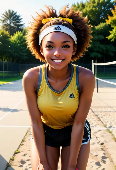 (medium full shot) of (fashionable volleyball player) young woman, black american, dark skin, light brown eyes, lithe build, medium hazel afro hair, wearing a yellow tank top, volleyball shorts, low-top sneakers,  headband, set in  recreational area, dedicated volleyball space with a net, children playing nearby, joggers running along paths, benches for sitting, at sunset, woman laughing, jumping in the air,  ,Masterpiece,best quality, photo, realistic, very aesthetic, detailed face,