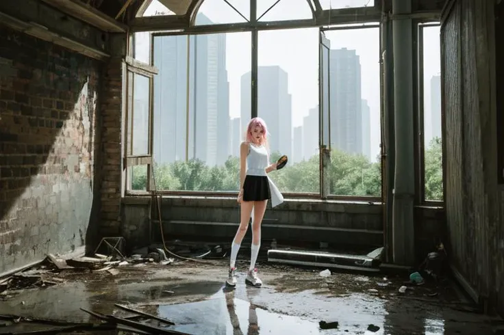 (otherworldly), highly insanely detailed, masterpiece, top quality, best quality, highres, 4k, 8k, RAW photo, (very aesthetic, beautiful and aesthetic), 1girl, Tower13_Gizelle, 
BREAK
(long-shot ruins, building, window frame, cracked window, wall corner, upturned, abandoned, metal, industrial, fence, moody, cracked mud, urban, canalside:1.2), 
BREAK
(stylish volleyball player) young woman, french, pale skin, hazel eyes, willowy build, extra long hazel single braid hair, wearing a pink plain tank top, skirts, low-top sneakers, holding a volleyball, elbow pads, set in suburban park, small volleyball court with a simple net, playground in the distance, dogs playing fetch, cyclists on pathways, at night, 
BREAK
pastel peach hair,light green hair,multi_color_hair,multicolored hair,multi colored hair,rainbow hair,Iridescence hair, 
(taking a selfie in the mirror), 
âââ