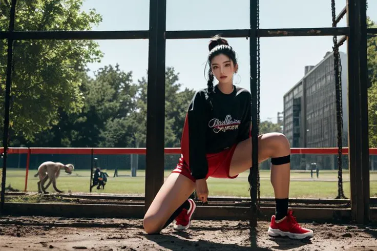 (otherworldly), highly insanely detailed, masterpiece, top quality, best quality, highres, 4k, 8k, RAW photo, (very aesthetic, beautiful and aesthetic), 1girl, Tower13_Gizelle, 
BREAK
(photogenic volleyball player) young woman, mexican, mocha skin, hazel eyes, Medium build, extra long red french braid hair, wearing a red compression shirt, spandex shorts, high-top sneakers,  knee pads, set in suburban park, small volleyball court with a simple net, playground in the distance, dogs playing fetch, cyclists on pathways, 
BREAK
(long-shot ruins, building, window frame, cracked window, wall corner, upturned, abandoned, metal, industrial, fence, moody, cracked mud, urban, canalside:1.2), 
BREAK
(classic black hair,rainbow hair,Iridescence hair,colored inner hair:1.3), 
(posing with her hands on her hips in an Asian squat position in front of a modern and dynamic background. She exudes confidence and sex appeal,with her daring fashion choices leaving little to the imagination), 
âââ