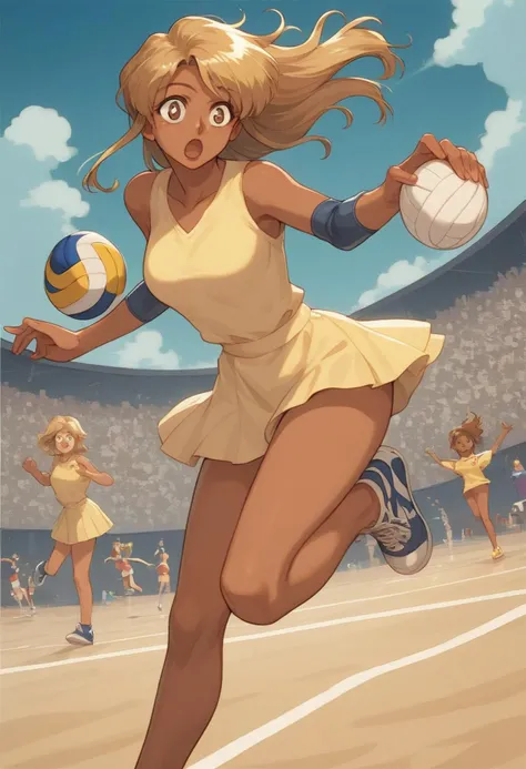 score_9, score_8_up, score_7_up, anime style,2020s\(style\),masterpiece,best quality, zPDXL2,source_anime, kawaii, vivid, colors, (medium full shot) of 1girl, (sophisticated volleyball player) young woman, south african, dark skin, hazel eyes, Average build, extra long blonde retro hair, wearing a yellow sleeveless shirt, skirts, high-top sneakers, holding a volleyball, elbow pads, set in  beach tournament setup, multiple courts with temporary stands, enthusiastic crowd, vendors selling snacks and drinks, festive atmosphere, at night, woman surprised, open mouth, running toward the viewer,