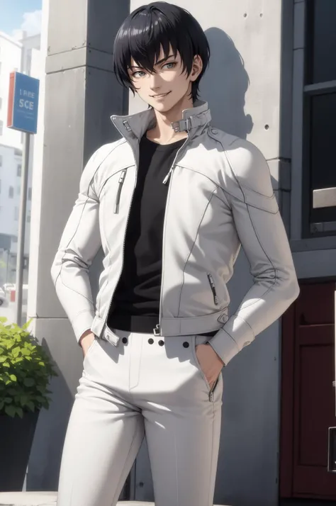<lora:zs_Six:0.8> sixsh, black hair, jacket, short hair, white pants, standing, hands in pockets, outdoors, smirk