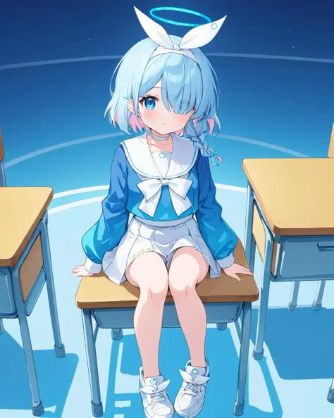 arona \(blue archive\),1girl, solo, hair_over_one_eye, sitting, long_sleeves, halo, bag, looking_at_viewer, pleated_skirt, white_skirt, school_desk, serafuku, neckerchief, chair, white_choker, sneakers, bandaid_on_knee, blush, collarbone, blue_shirt, holding_umbrella, parted_lips, x_hair_ornament, white_hairband, white_bow, hair_ribbon, hair_bow, white_sailor_collar, single_braid, bow_hairband, hand_between_legs
<lora:arona_(blue_archive)_image5127_2023-12-02-000009:1>halo. gorgeous,key visual, vibrant, studio anime,award-winning, professional, highly detailed,high budget, cinemascope