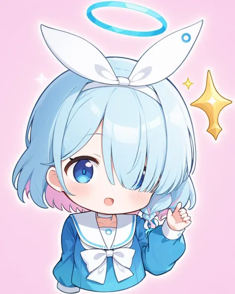 arona \(blue archive\),1girl, solo, hair_over_one_eye, white_sailor_collar, looking_at_viewer, puffy_long_sleeves, white_hairband, halo, upper_body, :d, open_mouth, blue_shirt, blush, serafuku, white_choker, single_braid, chibi, white_bowtie, hair_ribbon
<lora:arona_(blue_archive)_image5127_2023-12-02-000009:1>halo. gorgeous,key visual, vibrant, studio anime,award-winning, professional, highly detailed,high budget, cinemascope