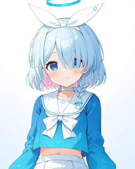 arona \(blue archive\),1girl, solo, halo, smile, white_background, white_sailor_collar, white_choker, simple_background, navel, blue_shirt, white_bow, closed_mouth, looking_at_viewer, hair_over_one_eye, blush, upper_body, white_skirt, single_braid, white_hairband, white_ribbon, blue_serafuku, collarbone, long_sleeves
<lora:arona_(blue_archive)_image5127_2023-12-02-000009:1>halo. gorgeous,key visual, vibrant, studio anime,award-winning, professional, highly detailed,high budget, cinemascope