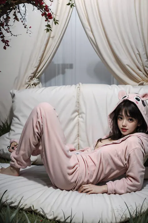 Best quality, masterpiece, ultra high res, raw photo, beautiful and aesthetic,deep shadow, dark theme,(photorealistic:1.4),
(1girl,smile,long hair with bangs, (onesie), hood),makeup, (thin face), ((lying on grass, from above)),