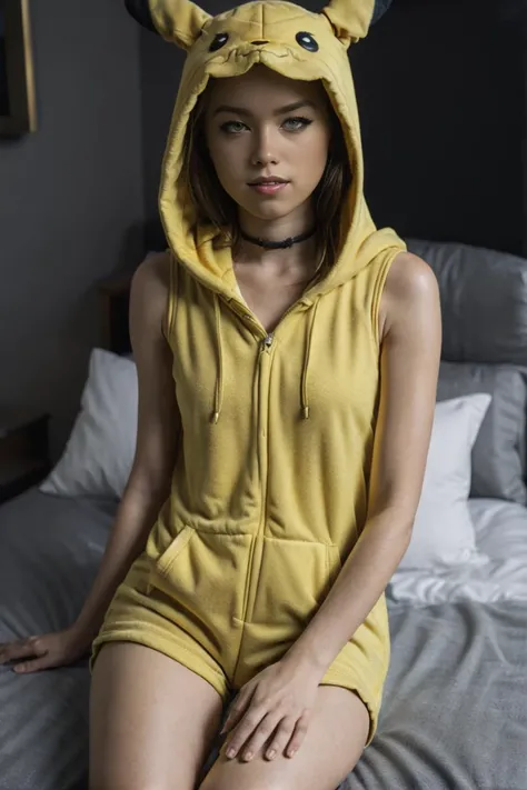 yellow sleeveless  Onesie, hood on, pikachu hoodie, leotard:1.2,  bared tights,  bared shoulders, bared arms, bared legs, 
portrait, solo,   (looking at the viewer:1.1), long hair hair , (blond:1.4),
color corrected, from above, bed,
[(
night,
smirk,choker, peach fuss,
motion blur, slow motion, low brightness,rule of thirds,
muted colors, soft light, bloom, bokeh,
film grain, 85mm, focus,
<lora:FilmG2:0.76>
<lora:Onesie:0.66>
<lyco:GoodHands-beta2:0.75>
 <lora:PIKAPOKE:0.7>
 <lora:Blacklight_v1:0.5> <lora:LowRA:0.5>
):8]
<lyco:locon_millyalcock_v1_from_v1_64_32:0.45> <lora:Milly-Alcock-Lora:0.3>