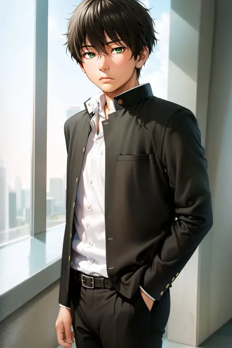 (masterpiece, best quality:1.2), <lyco:hyouka_oreki-10:1.0>, cowboy shot, solo, male focus, 1boy, oreki houtarou, bored, closed mouth, looking at viewer, hand in pocket, school uniform, gakuran, shirt, black pants