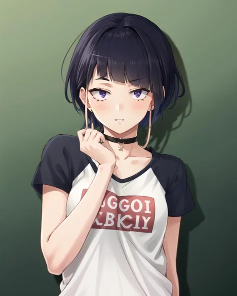 ((best quality)), ((highly detailed)), masterpiece, (detailed eyes, deep eyes), (1girl), upper body, <lora:KyokaJirou:1>, jirou, short hair, purple hair, blunt bangs, sidelocks, purple eyes, long earlobes, small breasts, <lora:SugoiDekai_Shirt:.95>, outfit-UT,T-shirt, , cross-laced footwear, silk choker