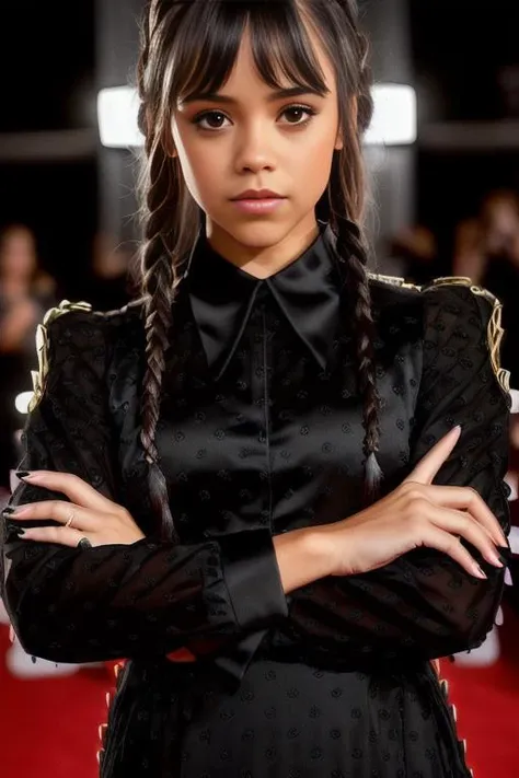 photo of JennaOrtega, a woman as a movie star, modelshoot style, (extremely detailed CG unity 8k wallpaper), Intricate, High Detail, Sharp focus, dramatic,photorealistic painting art by midjourney and greg rutkowski , (frowning, twin braids), ((movie premiere gala)), ((standing on the red carpet)), ((paparazzi in the background)), (looking at viewer), (detailed pupils:1.2), (elegant black dress:1.3) dimly lit,  <lora:JennaOrtega:0.6>