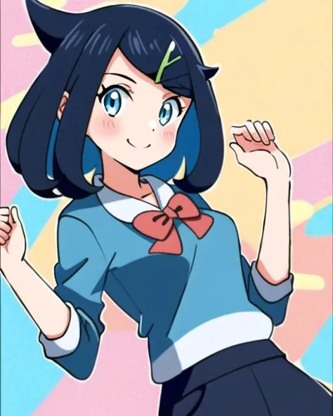 liko_\(pokemon\), __school_unifrom__, (sfw), 1girl, cowboy shot, upper body, blush, smile, dynamic angle, small breasts, looking_at_viewer, <lora:liko:0.6>