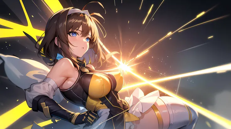 (hyper extreme detailed),(masterpeace),(hyper extreme),(photorealistic),CG,(colour:1.2),1girl, solo, takamori haruka, blue eyes, brown hair, hairband, magical girl, yellow costumes, white thigh highs, white skirt, moderate breast, look at the viewer, raining, sky, ruins, burning city, cyberpunk <lora:TAKAMORI_HARUKA_V2:0.8>