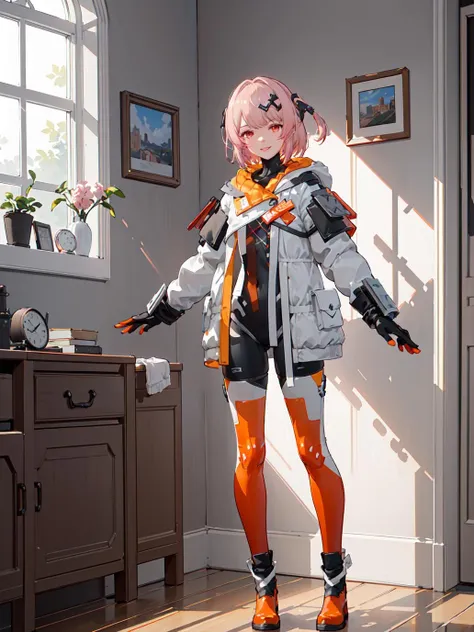 futiyaCB, white_jacket, bodysuit, gloves, boots, badge, hair_ornament, pink_hair, short_hair, red_eyes, 1girl, full body, looking at viewer, light smile, lips, solo, day, dappled sunlight, indoors, window, living_room, (masterpiece,best quality,beautiful and aesthetic:1.2), <lora:futiyaCB-V1.1:0.7>