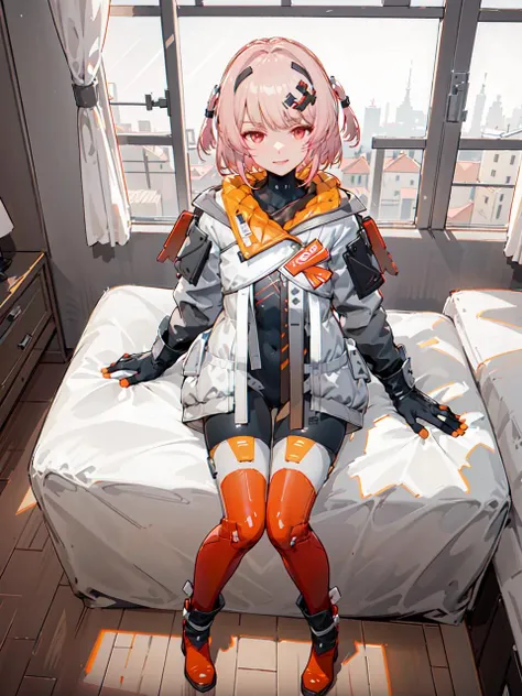 futiyaCB, from_above, white_jacket, bodysuit, gloves, boots, badge, hair_ornament, pink_hair, short_hair, red_eyes, 1girl, sitting, looking at viewer, light smile, solo, day, dappled sunlight, bedroom, (masterpiece,best quality,beautiful and aesthetic:1.2), <lora:futiyaCB-V1.1:0.9>