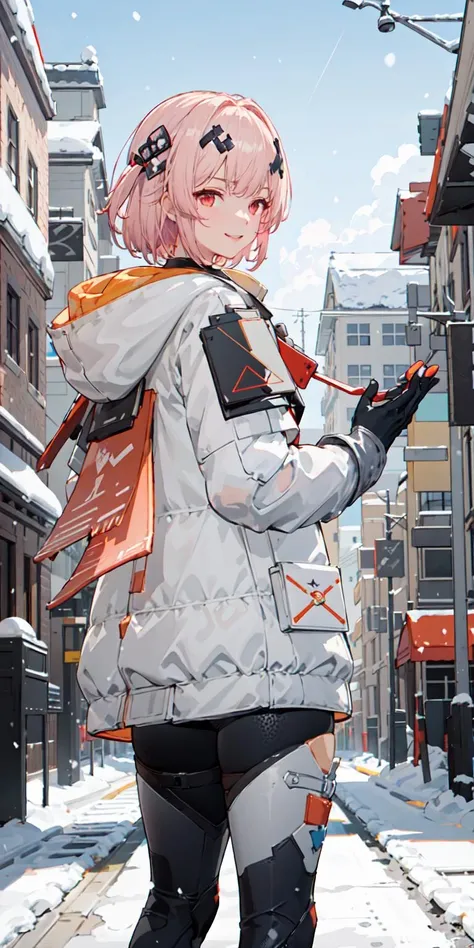 futiyaCB, from behind, looking back, white_jacket, bodysuit, gloves, boots, badge, hair_ornament, pink_hair, short_hair, red_eyes, 1girl, cowboy shot, looking at viewer, light smile, solo, day, dappled sunlight, outdoors, window, city, street, snowing, snow, snowman, blue sky, , (masterpiece,best quality,beautiful and aesthetic:1.2), <lora:futiyaCB-V1.1:0.7>