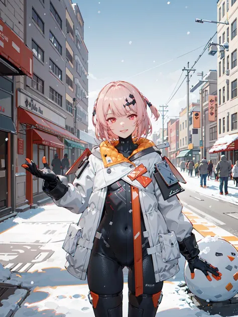 futiyaCB, white_jacket, bodysuit, gloves, boots, badge, hair_ornament, pink_hair, short_hair, red_eyes, 1girl, cowboy shot, looking at viewer, light smile, solo, day, dappled sunlight, outdoors, park, snowing, snow, blue sky, (masterpiece,best quality,beautiful and aesthetic:1.2), <lora:futiyaCB-V1.1:0.7>