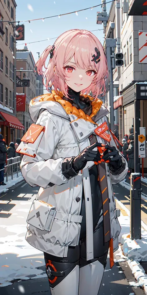 futiyaCB, white_jacket, bodysuit, gloves, boots, badge, hair_ornament, pink_hair, short_hair, red_eyes, 1girl, cowboy shot, looking at viewer, light smile, solo, day, dappled sunlight, outdoors, window, city, street, snowing, snow, snowman, blue sky, , (masterpiece,best quality,beautiful and aesthetic:1.2), <lora:futiyaCB-V1.1:0.7>