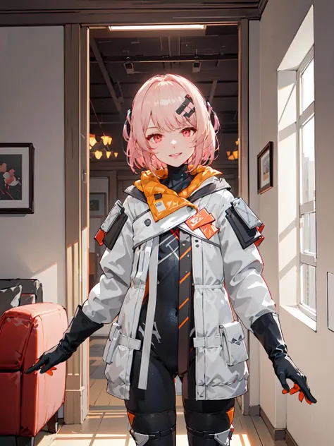 futiyaCB,  white_jacket, bodysuit, gloves, boots, badge,  hair_ornament, pink_hair, short_hair, red_eyes, 1girl, cowboy shot, looking at viewer, light smile, lips, solo, day, dappled sunlight, indoors, window, living_room, (masterpiece,best quality,beautiful and aesthetic:1.2),  <lora:futiyaCB-V1.1:0.7>