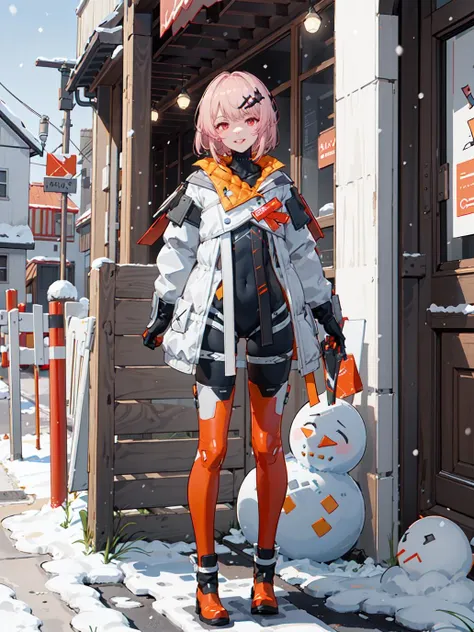 futiyaCB, white_jacket, bodysuit, gloves, boots, badge, hair_ornament, pink_hair, short_hair, red_eyes, 1girl, full body, looking at viewer, light smile, lips, solo, day, dappled sunlight, outdoors, window, city, street, snowing, snow, snowman, blue sky, , (masterpiece,best quality,beautiful and aesthetic:1.2), <lora:futiyaCB-V1.1:0.7>