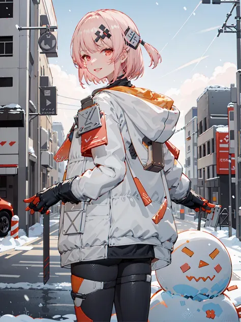 futiyaCB, from behind, looking back, white_jacket, bodysuit, gloves, boots, badge, hair_ornament, pink_hair, short_hair, red_eyes, 1girl, cowboy shot, looking at viewer, light smile, solo, day, dappled sunlight, outdoors, window, city, street, snowing, snow, snowman, blue sky, , (masterpiece,best quality,beautiful and aesthetic:1.2), <lora:futiyaCB-V1.1:0.8>