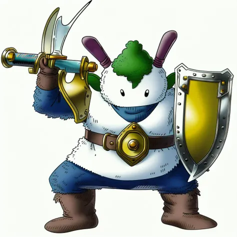 dquest, bunny, happy, cartoony, tunic, sword, shield, full body, white background, concept art <lora:Dragon Quest Monsters v3:1>