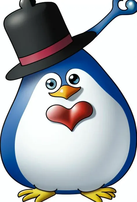 dquest, penguin, happy face, bowler hat, white background <lora:Dragon Quest Monsters v3:0.8>