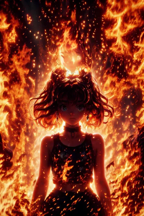 (detailed eyes:1.3), Beautiful Lighting, (1girl:blue  eyes, blonde hair, absurdly long hair, (hair between eyes:1.2)), (real skin), <lora:l - L| :1>, <lora:y:1>,   <lora:age_slider-LECO-v1:-4>, (outdoors:1.3), 
 <lora:flameSilhouette:1>, (silhouette, burning, fire, flame, flaming, backlighting,black silhouette:1.1),, (tank top:1.1), denim short shorts, earrings, black choker, bare shoulders, sleeveless,