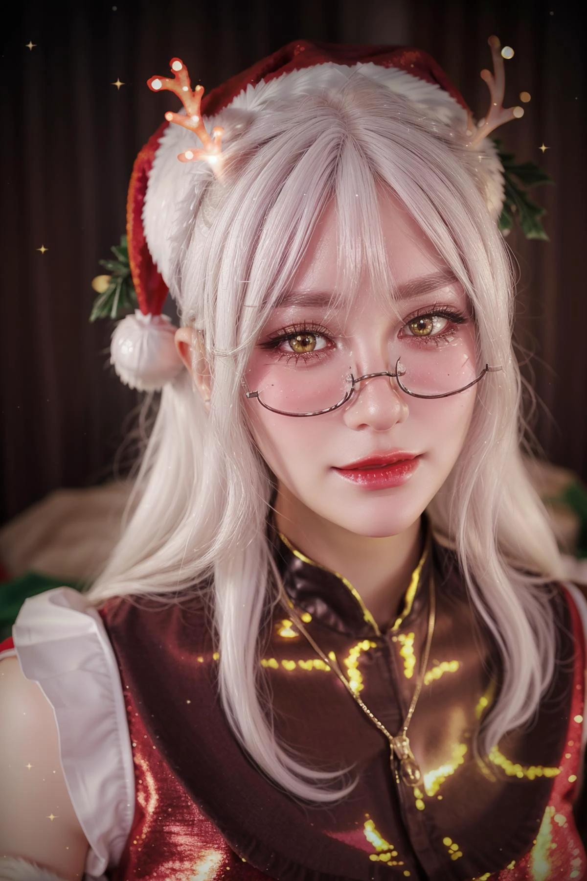 Christmas,
hat,
(white hair:1.3),
(santa costume:1.3),
red clothes,
sparkles, particles,
(Christmas lights:1.2),
(red hat:1.2),
<lora:more_details:0.55>
(antlers:1.2),
(golden eyes:1.2),
makeup, (blush:1.1),
closeup, portrait, upper body,
<lora:AilyV1.0-000003:0.9> Aily, glasses, shiny, shiny hair, shiny skin, shiny clothes, masterpiece, extreme details, detailed, focus, masterpiece, realistic, photorealistic, 4k, 8k, 16k, highres