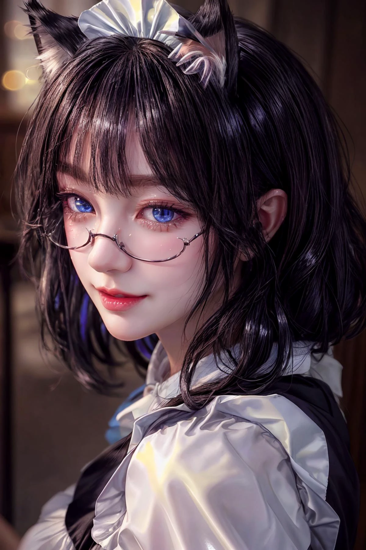 maid, cat ears, blue eyes,
long hair,
closeup, slight smile,
<lora:AilyV1.0-000003:0.8> Aily, glasses,
<lora:more_details:.65>
<lora:CatgirlMaidV1.0-000003:0.8> CatgirlMaid, shiny, shiny hair, shiny skin, shiny clothes, masterpiece, extreme details, detailed, focus, masterpiece, realistic, photorealistic, 4k, 8k, 16k, highres