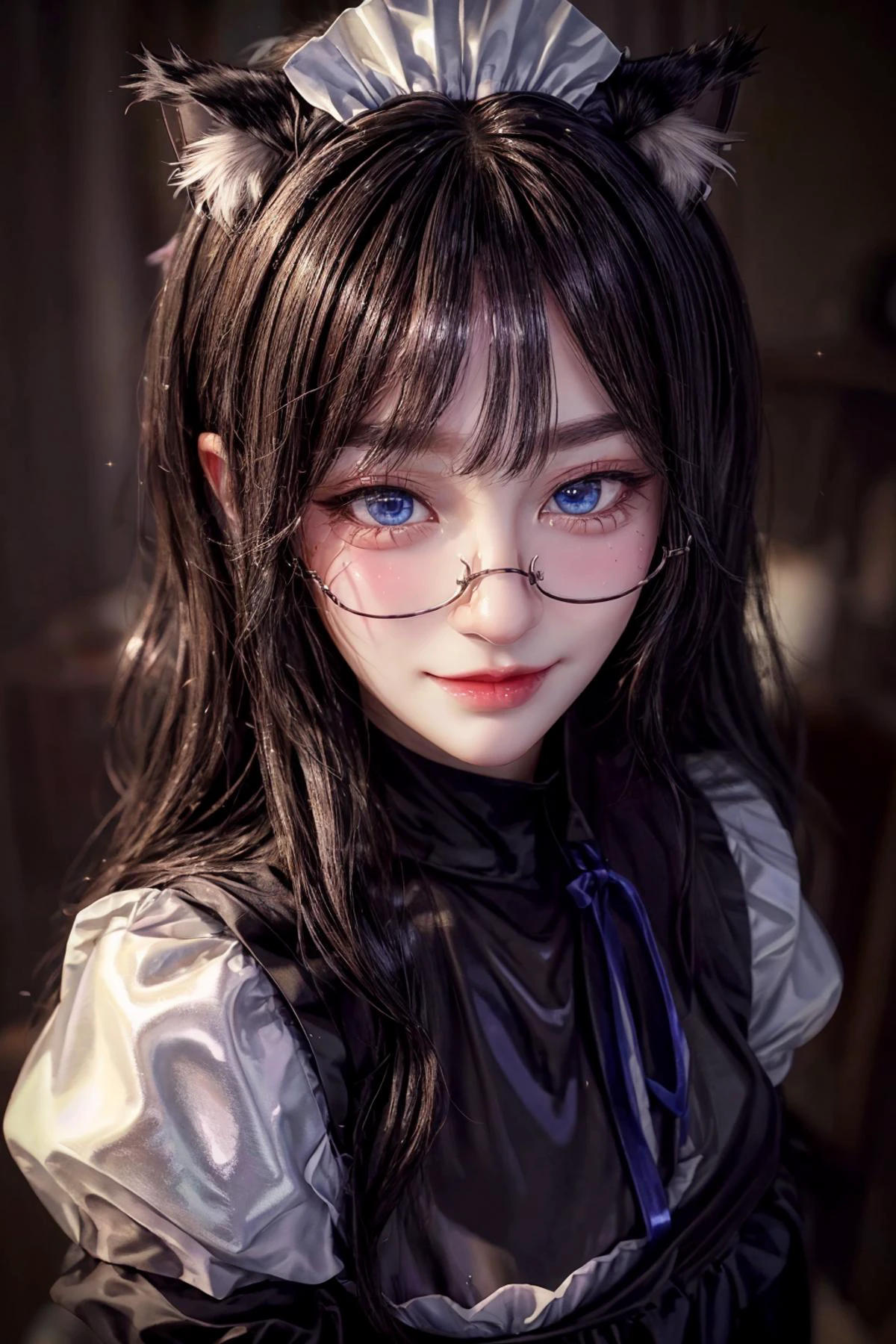 maid, cat ears, blue eyes,
long hair,
closeup, slight smile,
<lora:AilyV1.0-000003:0.8> Aily, glasses,
<lora:more_details:.65>
<lora:CatgirlMaidV1.0-000003:0.8> CatgirlMaid, shiny, shiny hair, shiny skin, shiny clothes, masterpiece, extreme details, detailed, focus, masterpiece, realistic, photorealistic, 4k, 8k, 16k, highres