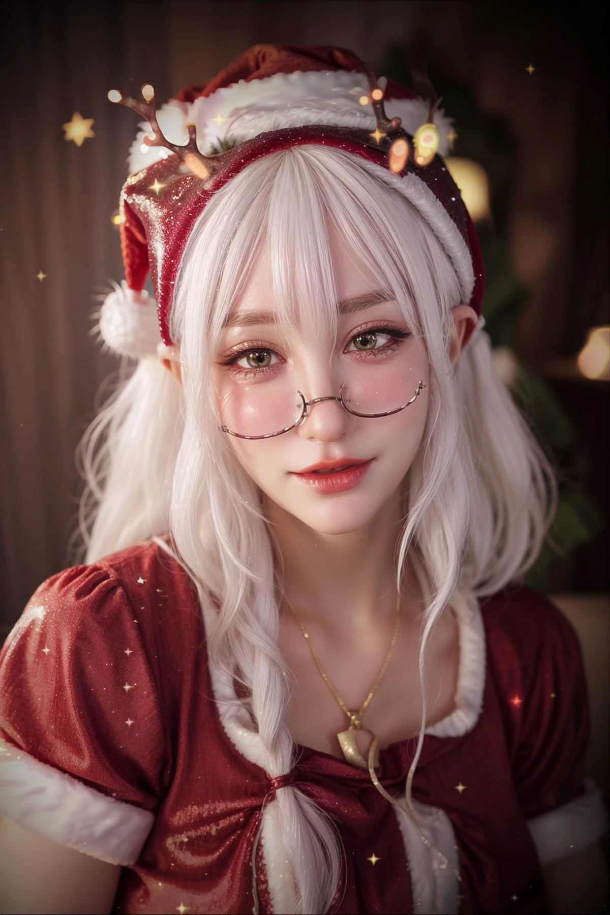 Christmas,
hat,
(white hair:1.3),
(santa costume:1.3),
red clothes,
sparkles, particles,
(Christmas lights:1.2),
(red hat:1.2),
<lora:more_details:0.55>
(antlers:1.2),
closeup, portrait, upper body,
<lora:AilyV1.0-000003:0.9> Aily, glasses, shiny, shiny hair, shiny skin, shiny clothes, masterpiece, extreme details, detailed, focus, masterpiece, realistic, photorealistic, 4k, 8k, 16k, highres