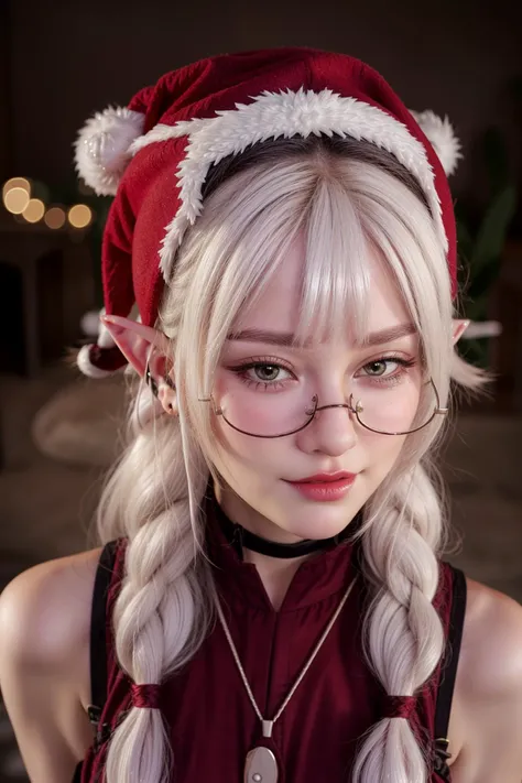 Christmas,
hat,
twintails, (white hair:1.3),
(elf ears:1.2),
santa costume,
(red hat:1.2),
<lora:more_details:0.55>
<lora:AilyV1.0-000003:0.8> Aily, glasses, 1girl, solo, long hair, lips, jewelry, upper body, indoors, realistic, semi-rimless eyewear, earphones, dress, under-rim eyewear, shiny, shiny hair, shiny skin, shiny clothes, masterpiece, extreme details, detailed, focus, masterpiece, realistic, photorealistic, 4k, 8k, 16k, highres